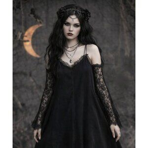 Zara Black Silky Eyelash Lace Asymmetrical Slip Dress Sz S Dark Romantic Goth